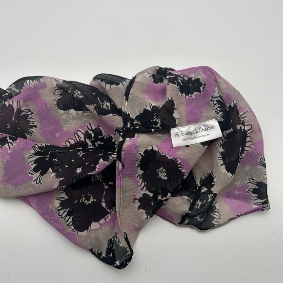 Purple Gray Black Floral Infinity Scarf Sheer Chiffon Style Handmade 58” Loop - Picture 3 of 8